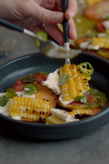 Tomato%2C+Feta%2C+Peach+%26+Charred+Corn+Salad+with+Olive+Oil+%26+Fresh+Green+Chili+%7C+Gather+%26+Feast