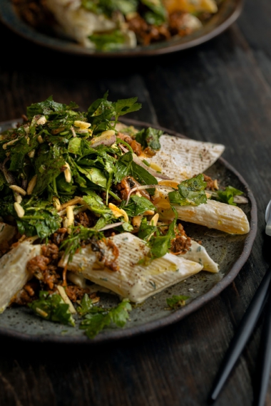 Yoghurt+Pasta+with+Spiced+Beef+%26+Fresh+Herb+Shallot+Salad+%7C+Gather+%26+Feast