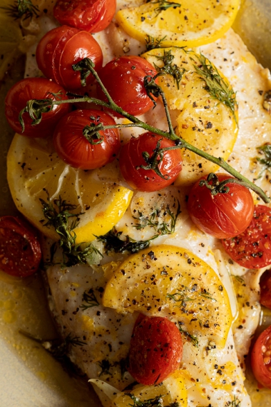 Butter+Baked+Fish+with+Lemon%2C+Tomato+%26+Dill++%7C++Gather+%26+Feast