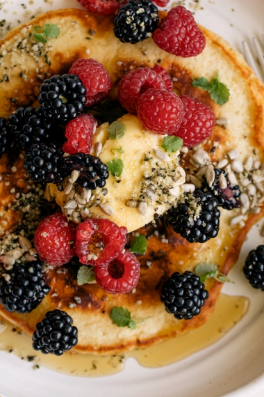 Blackberry+Buttermilk+Pancakes+Topped+with+Raspberries+%26+Blackberries%2C+Pure+Maple+Syrup+%26+Seeds++%7C++Gather+%26+Feast