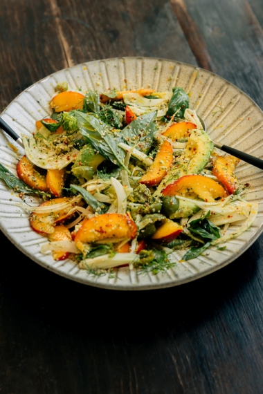 Pan-Fried+Barramundi+with+Smashed+Green+Olive%2C+Fennel%2C+Peach+%26+Basil+Salad+%7C+Gather+and+Feast