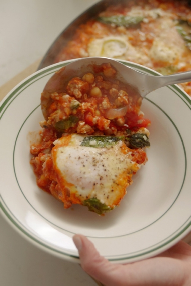 Tomato%2C+Basil%2C+Chicken+%26+Chickpea+One-Pan+Sauce+with+Baked+Eggs