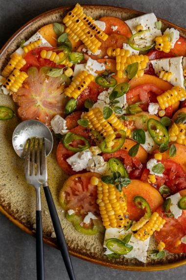 Tomato%2C+Feta%2C+Peach+%26+Charred+Corn+Salad+with+Olive+Oil+%26+Fresh+Green+Chili+%7C+Gather+%26+Feast