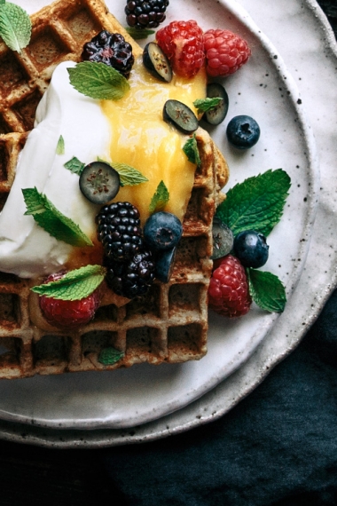 Vanilla+Buckwheat+Waffles+with+Lemon+Curd%2C+Fresh+Berries+%26+Mint++%7C++Gather+%26+Feast