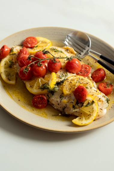 Butter+Baked+Fish+with+Lemon%2C+Tomato+%26+Dill++%7C++Gather+%26+Feast