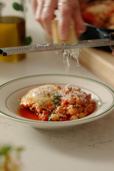 Tomato%2C+Basil%2C+Chicken+%26+Chickpea+One-Pan+Sauce+with+Baked+Eggs