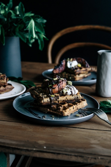 Vanilla+Buckwheat+Waffles+with+Caramalised+Peaches%2C+Dark+Chocolate+%26+Pistachios++%7C++Gather+%26+Feast