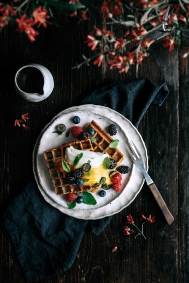 Vanilla+Buckwheat+Waffles+with+Lemon+Curd%2C+Fresh+Berries+%26+Mint++%7C++Gather+%26+Feast