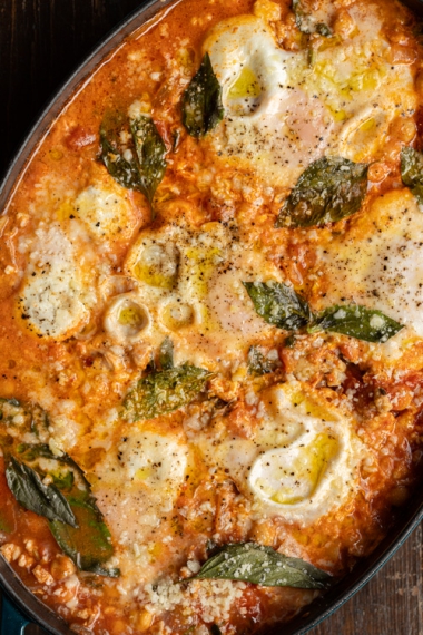 Tomato%2C+Basil%2C+Chicken+%26+Chickpea+One-Pan+Sauce+with+Baked+Eggs