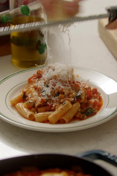 Tomato%2C+Basil%2C+Chicken+%26+Chickpea+One-Pan+Sauce+with+Pasta+%7C+Gather+%26+Feast
