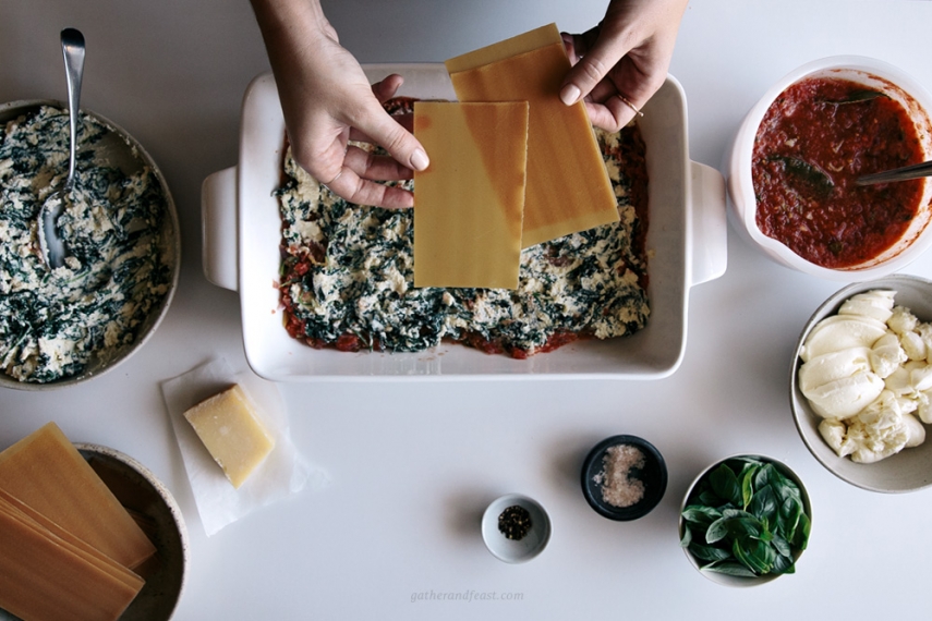 Tomato%2C+Ricotta%2C+Kale+%26+Basil+Lasagna++%7C++Gather+%26+Feast