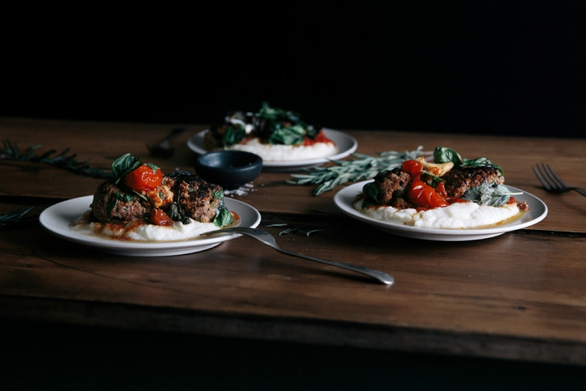 Tomato+%26+Basil+Meatballs+with+Cauliflower+Puree++%7C++Gather+%26+Feast