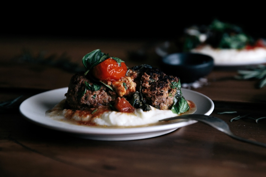 Tomato+%26+Basil+Meatballs+with+Cauliflower+Puree++%7C++Gather+%26+Feast