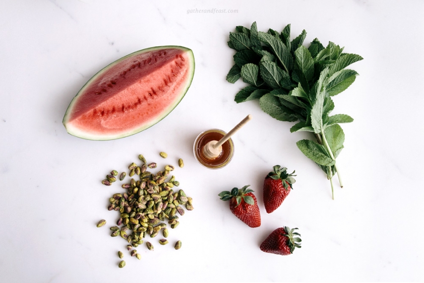 Watermelon+%26+Strawberries+with+Pistachios%2C+Honey+%26+Mint++%7C++Gather+%26+Feast