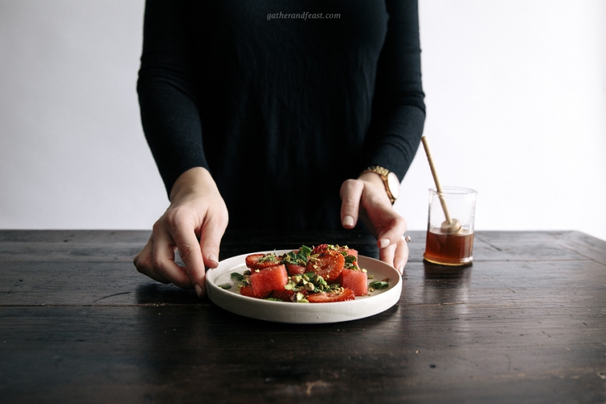 Watermelon+%26+Strawberries+with+Pistachios%2C+Honey+%26+Mint++%7C++Gather+%26+Feast