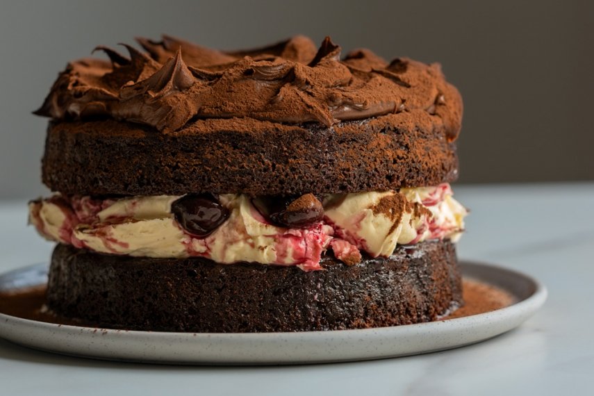Black+Forest-Inspired+Chocolate%2C+Vanilla+Cherry+%26+Mascarpone+Layer+Cake+with+Chocolate+Ganache+%7C+Gather+%26+Feast