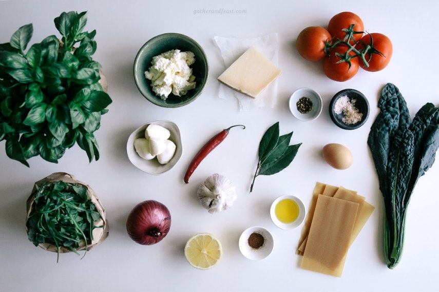 Tomato%2C+Ricotta%2C+Kale+%26+Basil+Lasagna++%7C++Gather+%26+Feast